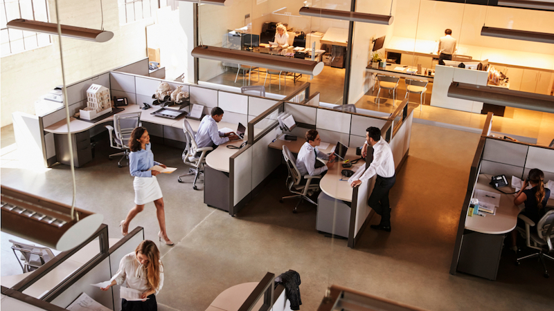 Produktivität im Büro_ Mitarbeiter sitzen am Schreibtisch im Office und arbeiten produktiv.