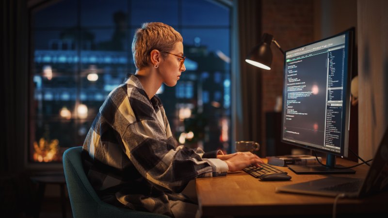 Frau sitzt vorm PC und arbeitet an Programmcode